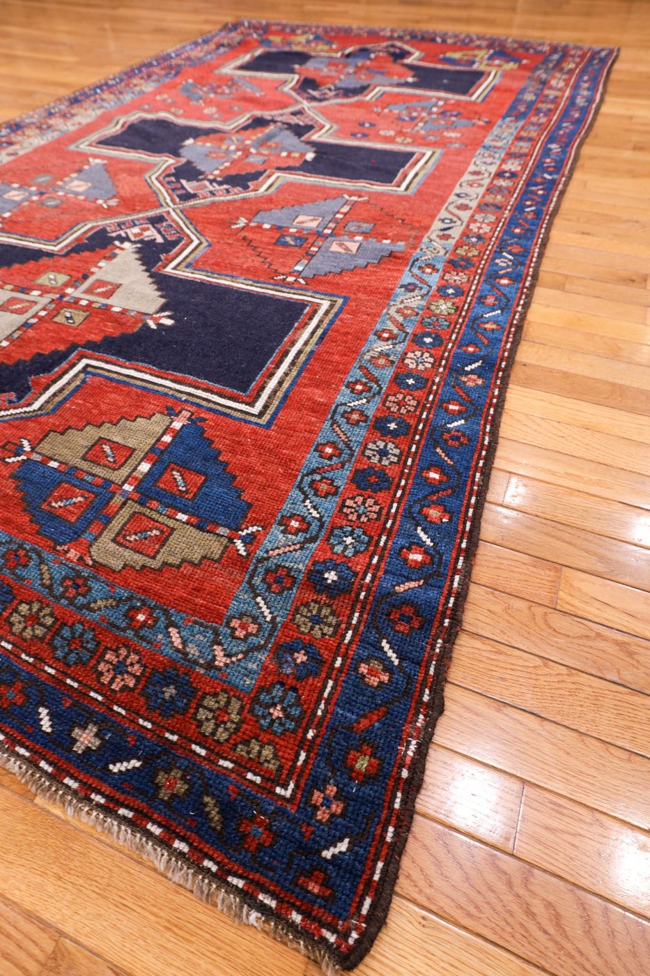 5′ x 9′ Crimson Red and Midnight Indigo Hand-Knotted Antique Caucasian Bordjalou Kazak Rug – Collector’s Wool on Wool
