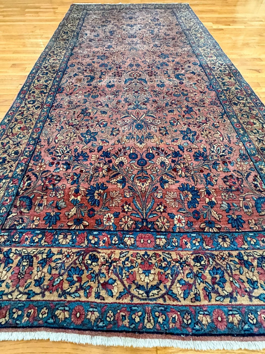5′ x 10′ Dusty Rose and Indigo Hand-Knotted Semi-Antique Persian Kerman Gallery Rug – Fine Kurk Wool