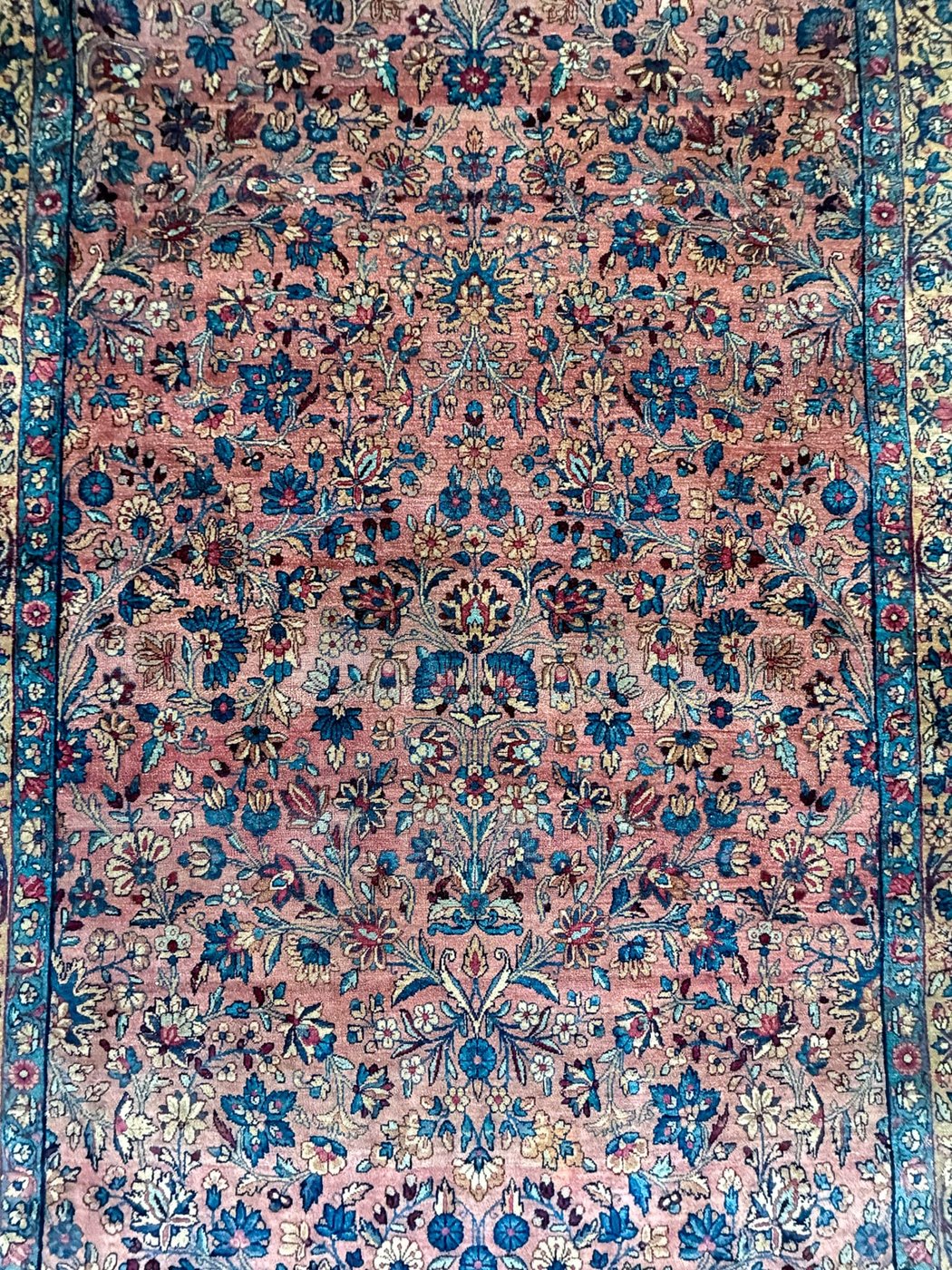 5′ x 10′ Dusty Rose and Indigo Hand-Knotted Semi-Antique Persian Kerman Gallery Rug – Fine Kurk Wool