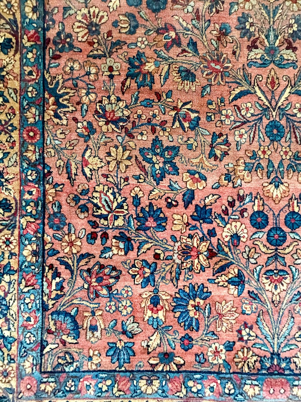 5′ x 10′ Dusty Rose and Indigo Hand-Knotted Semi-Antique Persian Kerman Gallery Rug – Fine Kurk Wool