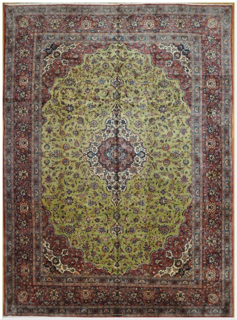 10′ x 14′ Green Fine Hand-Knotted Vintage Persian Kashan Rug – Traditional Wool