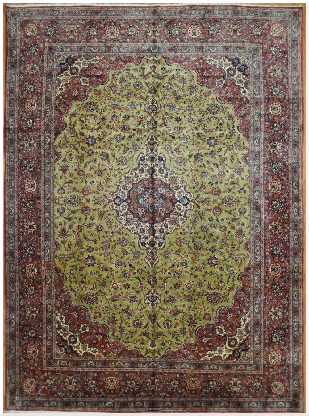 10′ x 14′ Green Fine Hand-Knotted Vintage Persian Kashan Rug – Traditional Wool