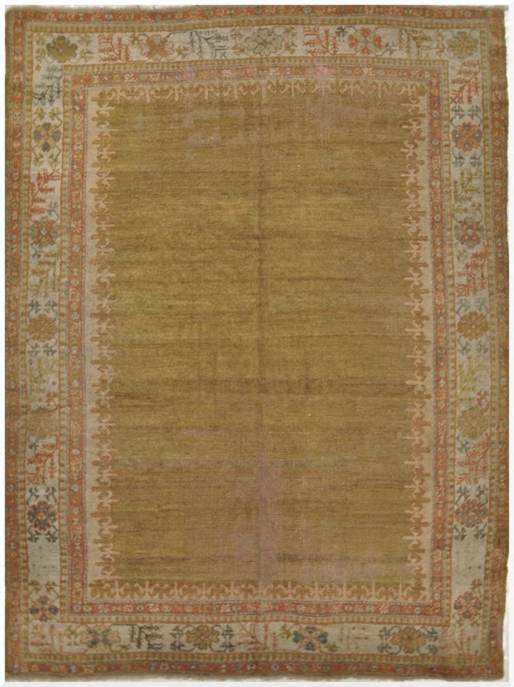 7′ x 10′ Antique Turkish Oushak Rug – Open Field Design, Soft Gold & Pastel Border