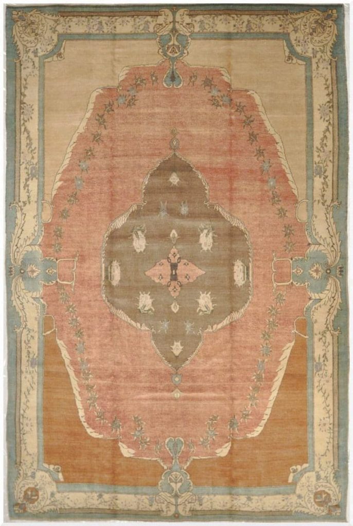 9′ x 14′ Turkish Peach Blue Savonnerie Rug Traditional Wool