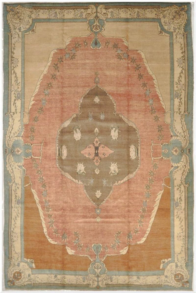 9′ x 14′ Turkish Peach Blue Savonnerie Rug Traditional Wool