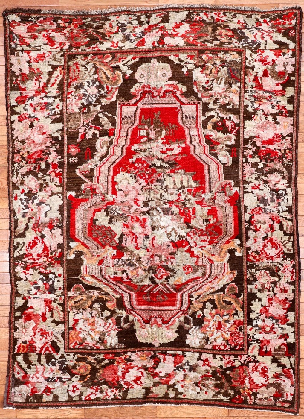 5′ x 7′ Deep Espresso and Cochineal Rose Hand-Knotted Antique Caucasian Karabagh Vase Prayer Rug – Collector’s Wool
