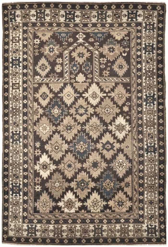 4′ x 5′ Caucasian Navy & Ivory Geometric Kazak Rug – Traditional Wool