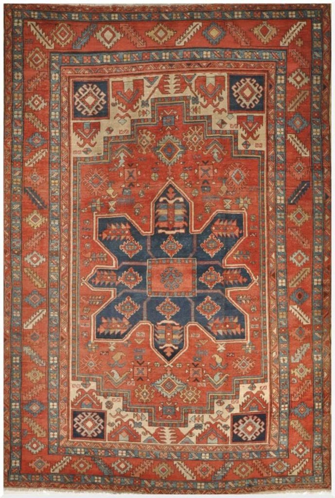 9′ x 12′ Terracotta and Indigo Hand-Knotted Antique Persian Serapi Rug – Investment Grade Wool