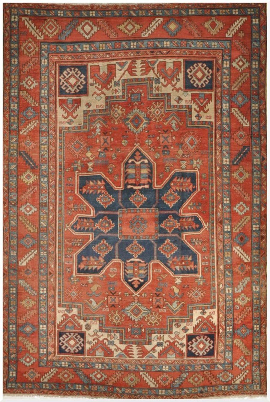 9′ x 12′ Terracotta and Indigo Hand-Knotted Antique Persian Serapi Rug – Investment Grade Wool