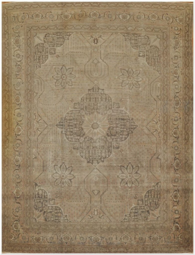 11′ x 15′ Antique Persian Tabriz Rug Beige Hand Knotted Wool