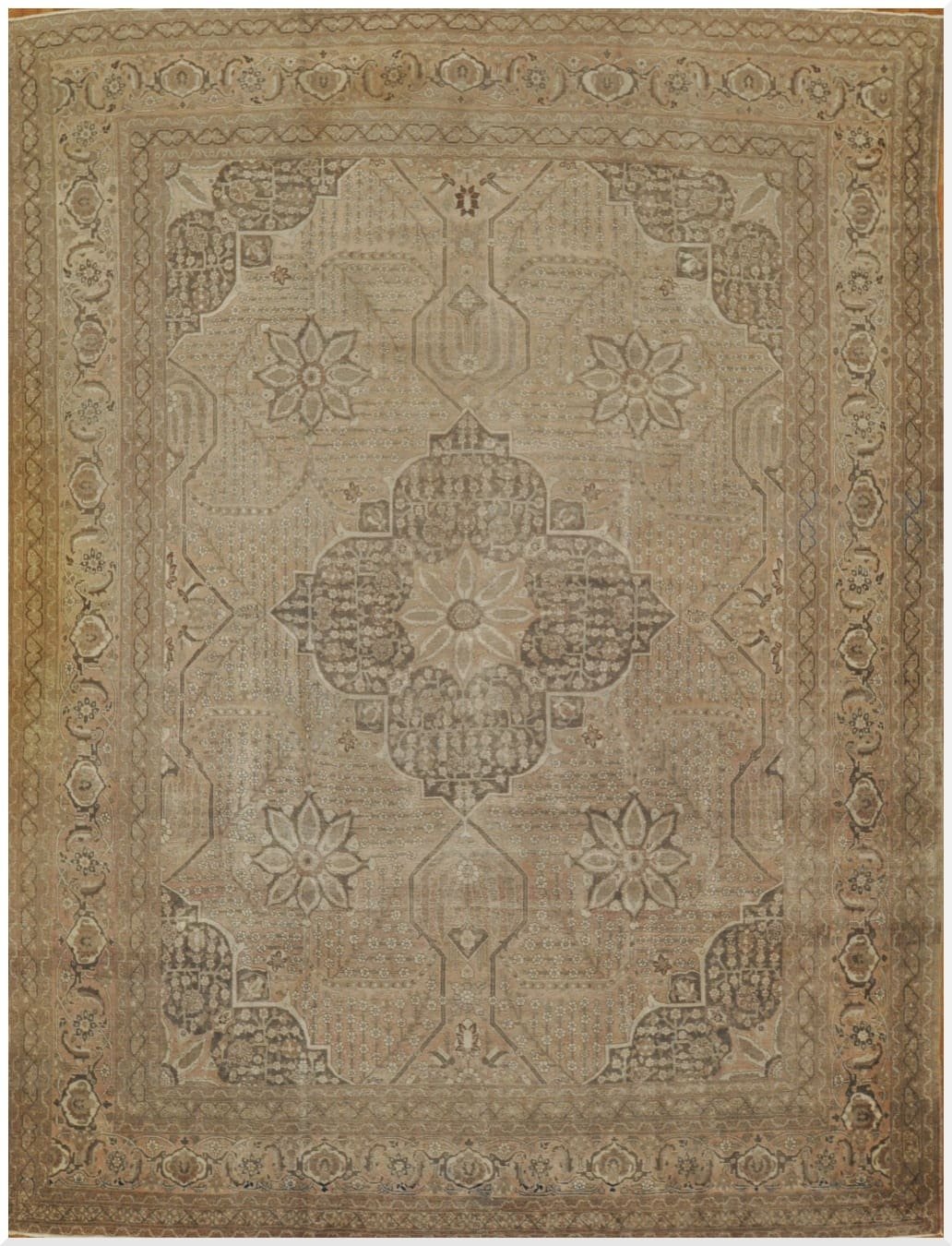 11′ x 15′ Antique Persian Tabriz Rug Beige Hand Knotted Wool