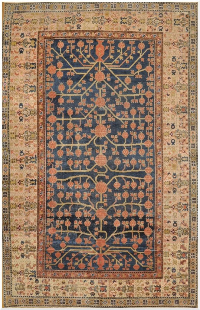 6′ x 10′ Antique Uzbek Khotan Pomegranate Rug – Hand-Knotted Wool