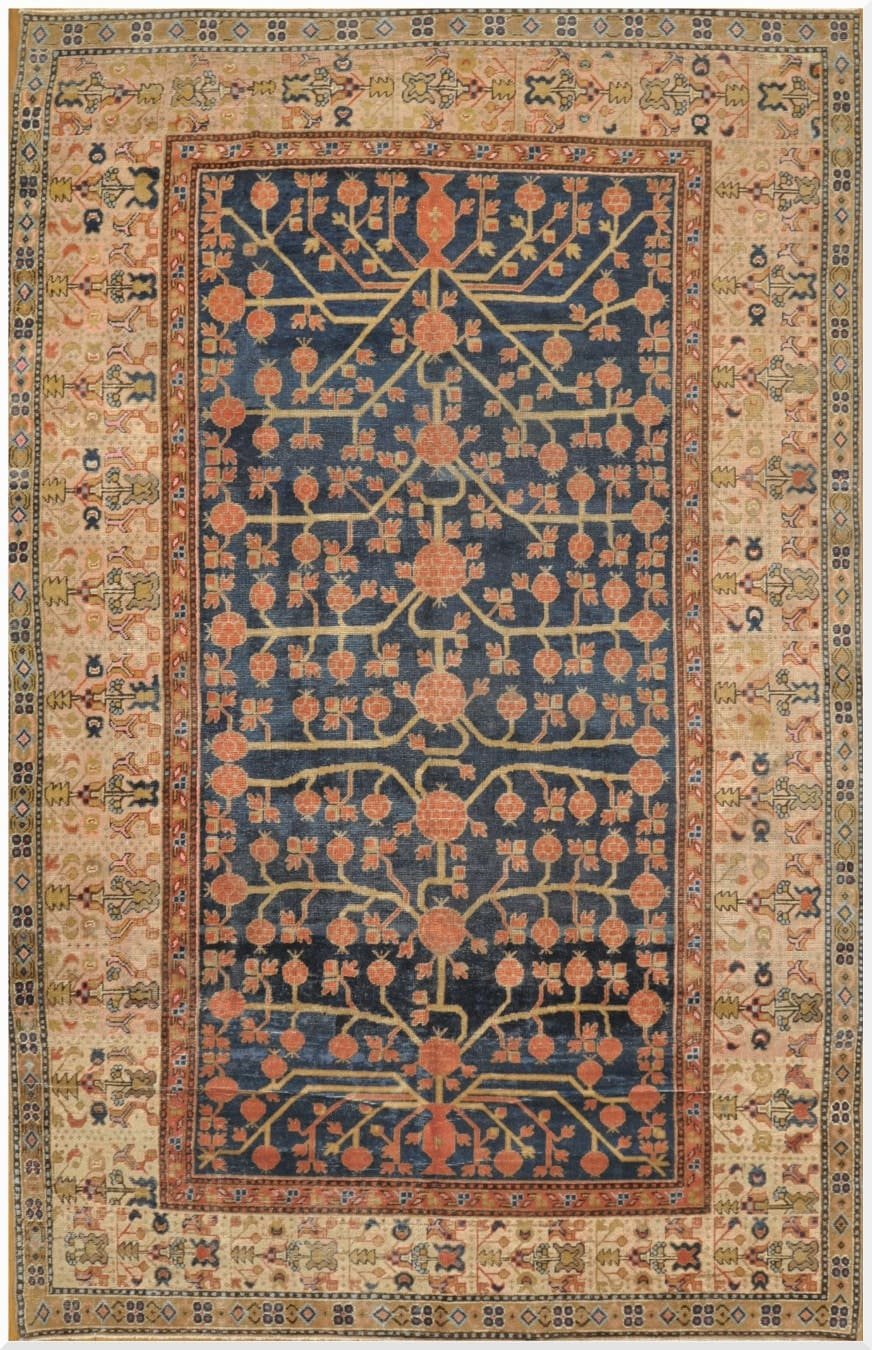 6′ x 10′ Antique Uzbek Khotan Pomegranate Rug – Hand-Knotted Wool