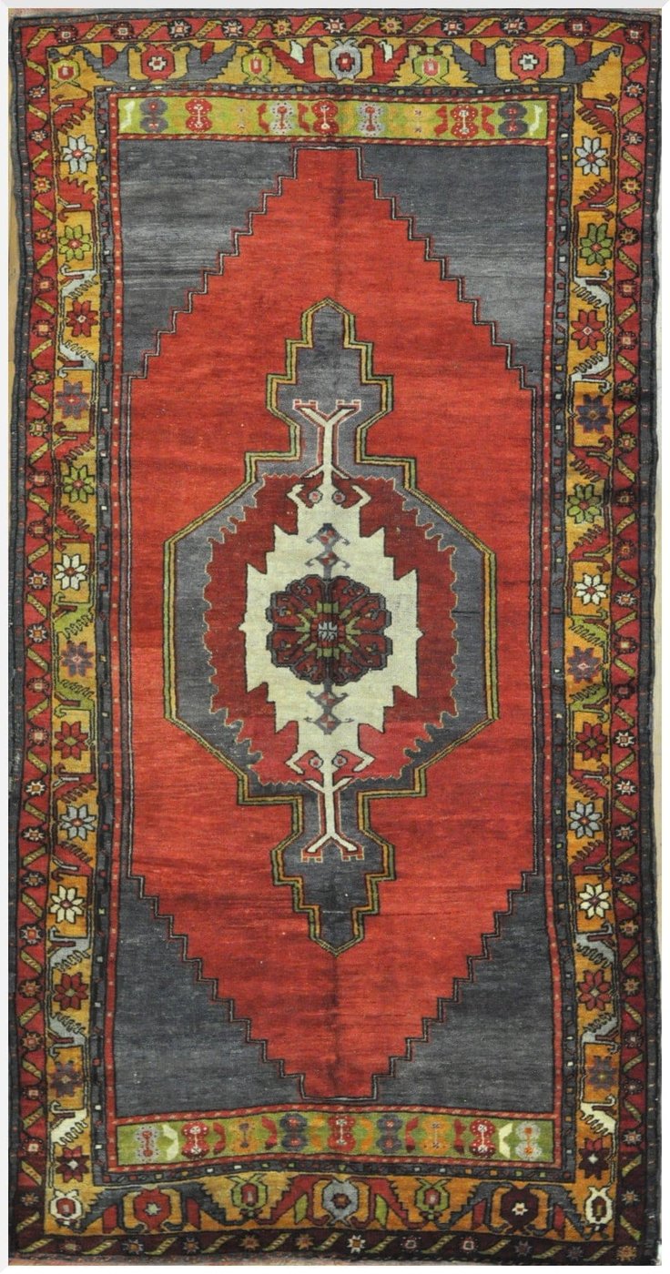 5′ x 10′ Tribal Handmade Anatolian Rug – Vintage Geometric Medallion, Red & Charcoal