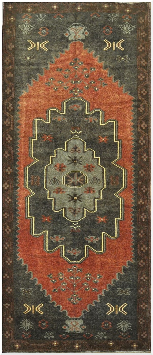 5′ x 13′ Turkish Rust Charcoal Medallion Runner – Vintage Hand-Knotted Wool