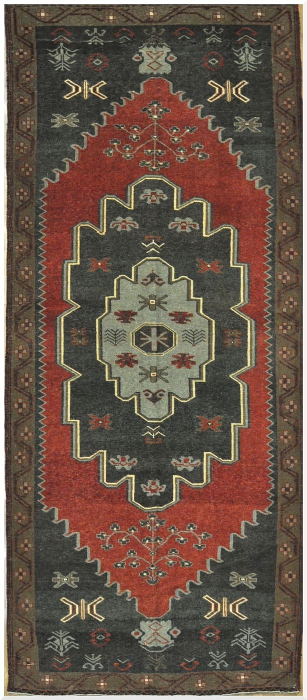 5′ x 12′ Turkish Charcoal Rust Medallion Runner – Vintage Hand-Knotted Wool