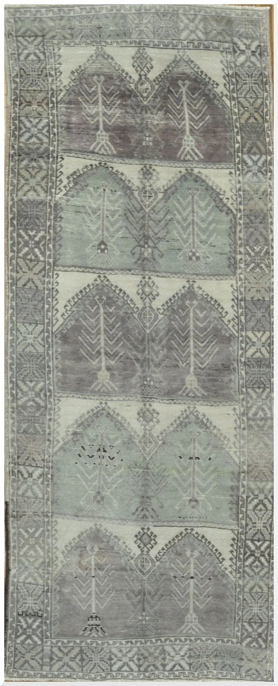 5′ x 14′ Turkish Gray Vintage Tribal Runner Rug – Hand-Knotted Wool