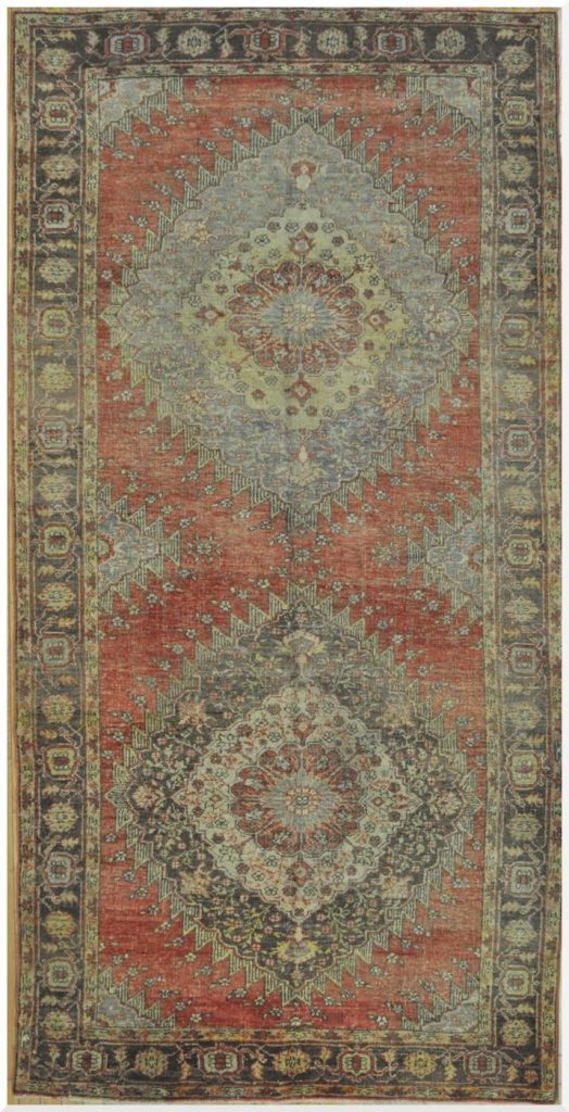 5′ x 10′ Vintage Turkish Konya Runner Rug – Rust & Blue