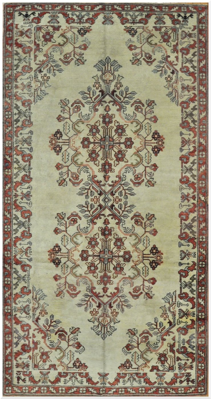 5′ x 10′ Turkish Ivory Red Vintage Rug Traditional Wool
