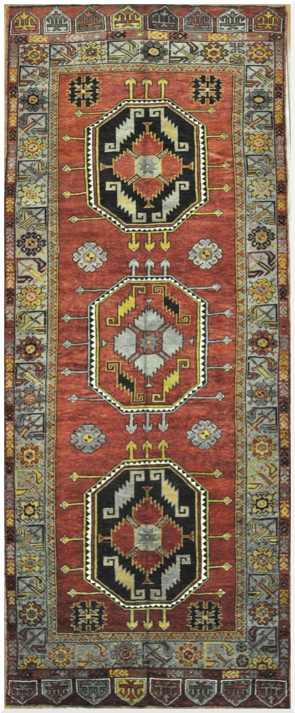 5′ x 12′ Turkish Oushak Rust Ivory Black Medallion Runner – Vintage Hand-Knotted Wool