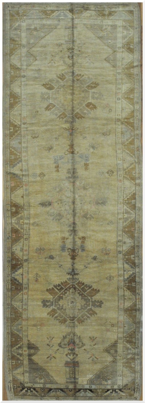 5′ x 14′ Muted Sage and Gold Hand-Knotted Vintage Turkish Oushak Runner – Traditional Wool