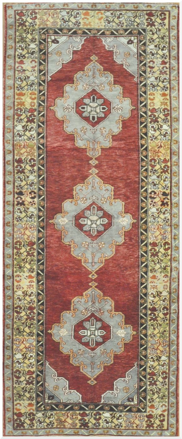 5′ x 12′ Vintage Turkish Oushak Red Double Medallion Runner Rug – Traditional Hand-Knotted Wool