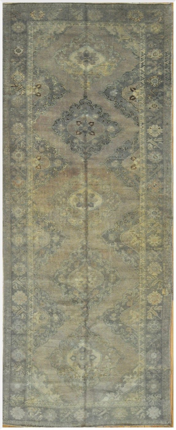 5′ x 12′ Vintage Turkish Oushak Soft Green Runner Rug – Hand-Knotted Wool