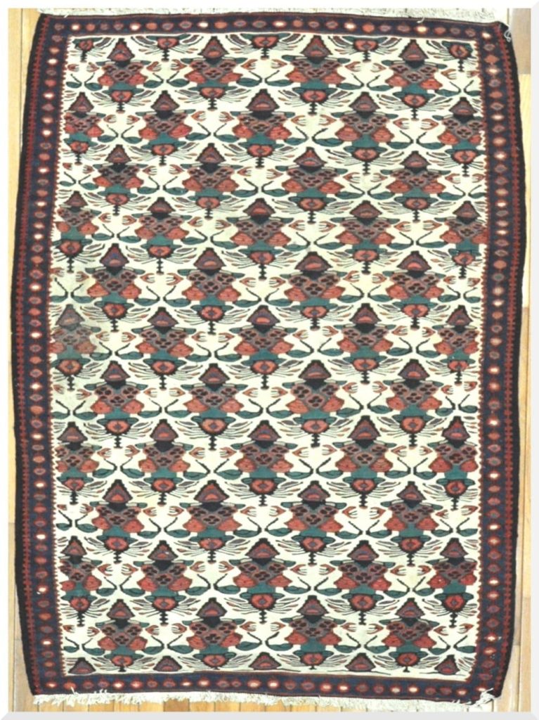 4′ x 5′ Persia Ivory Red Seneh Kilim Rug Traditional Flatwoven Wool