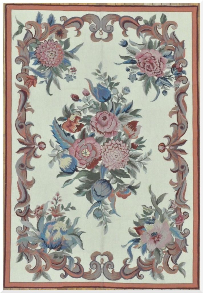 4′ x 6′ Cream Floral Handmade Needlepoint Rug – Chinese Aubusson Style Wool