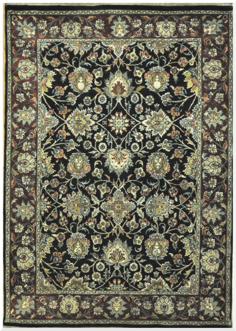 5′ x 7′ Black Fine Hand-Knotted New India Tabriz Design Rug – Traditional Wool