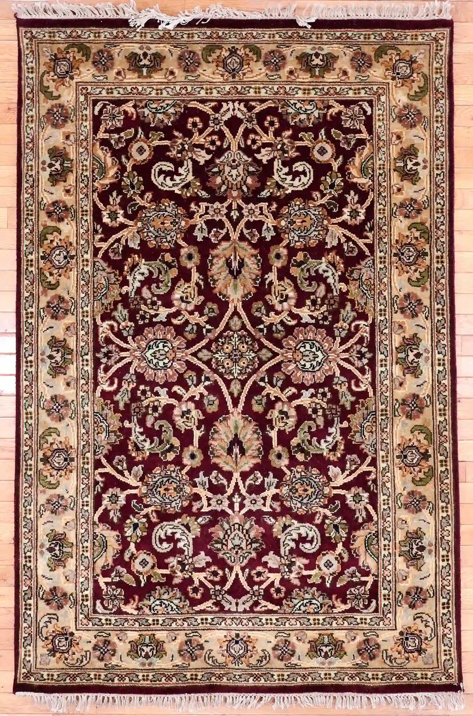 4′ x 6′ Burgundy Fine Hand-Knotted Indian Tabriz Rug – Traditional Wool