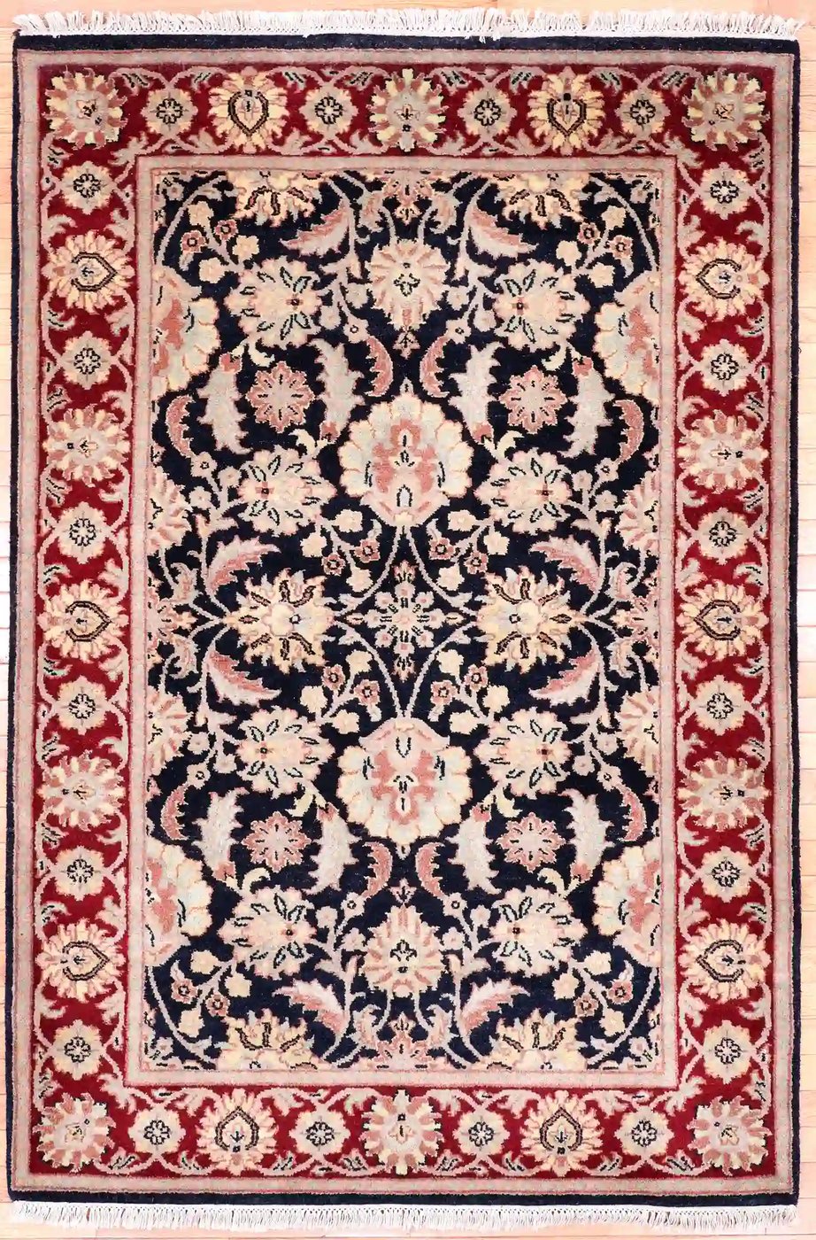 4′ x 6′ Navy Fine Hand-Knotted Indian Tabriz Rug – Traditional Wool