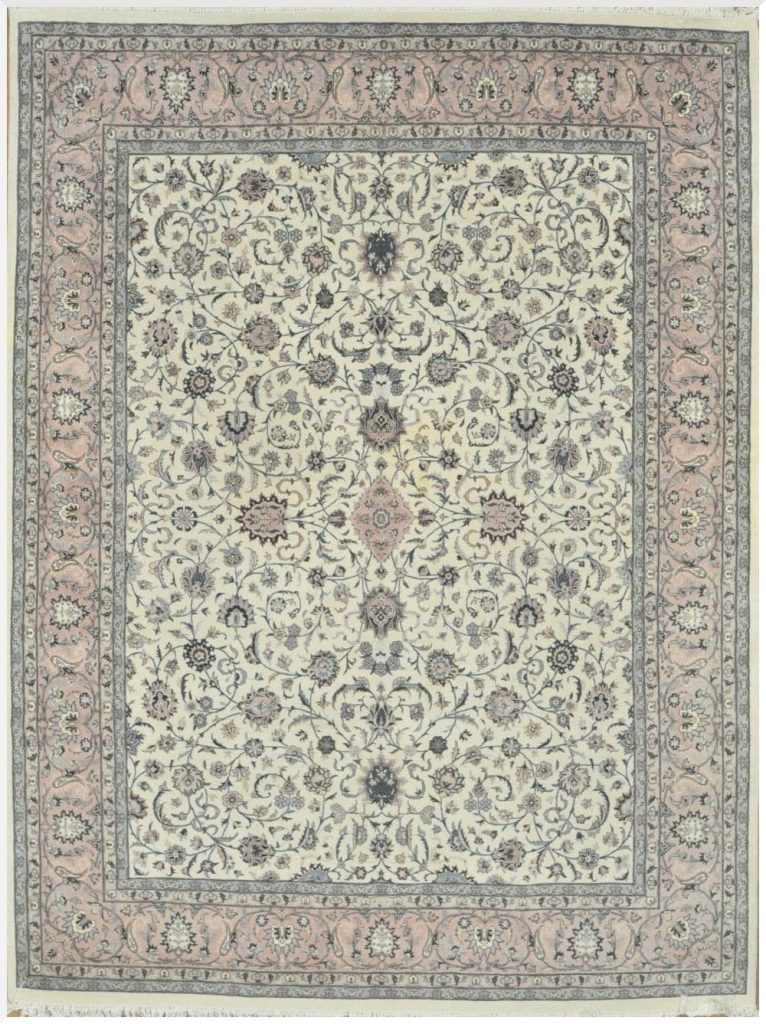 9′ x 13′ Beige Fine Hand-Knotted Pakistani Kashan Rug – Traditional Wool