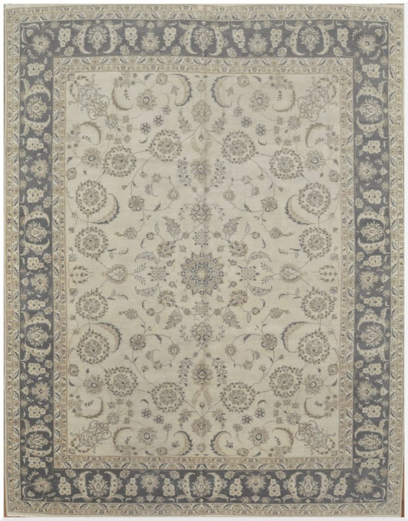9′ x 12′ Pakistan Handmade Oriental Rug – Traditional Tabriz Floral Design, Ivory & Soft Blue