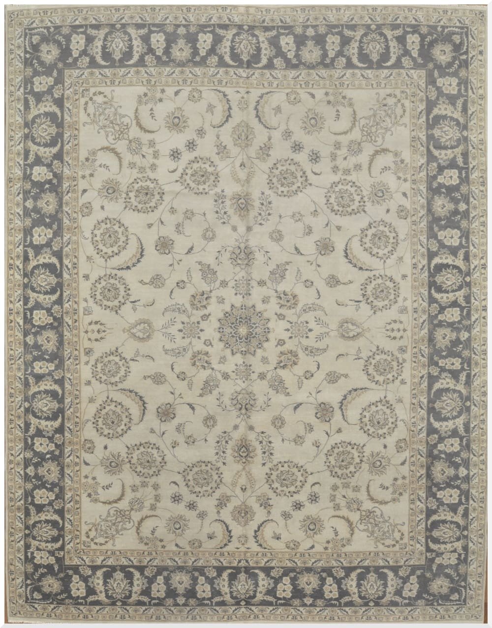 9′ x 12′ Pakistan Handmade Oriental Rug – Traditional Tabriz Floral Design, Ivory & Soft Blue