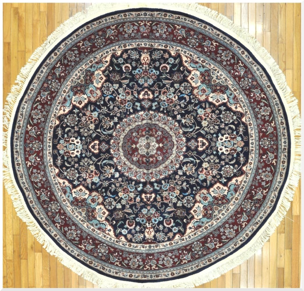 7′ x 7′ Navy Fine Round Hand-Knotted Chinese Oriental Rug – Traditional Wool