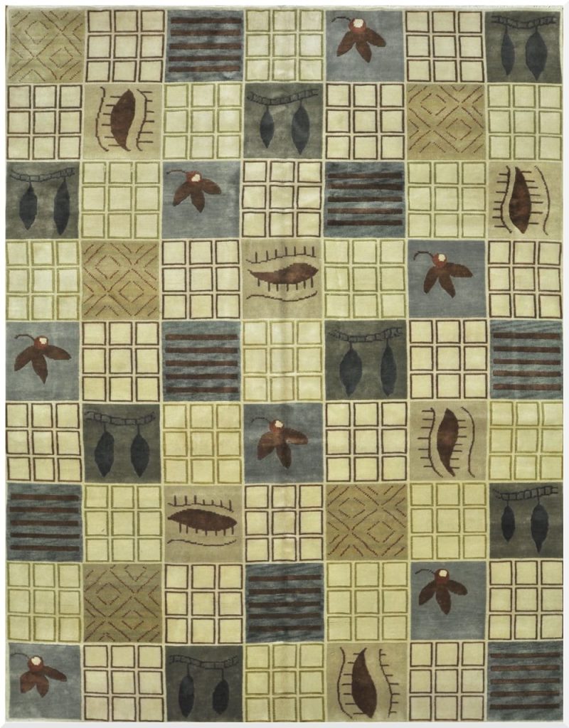 9′ x 12′ India Modern Oriental Green Beige Rug Contemporary Wool