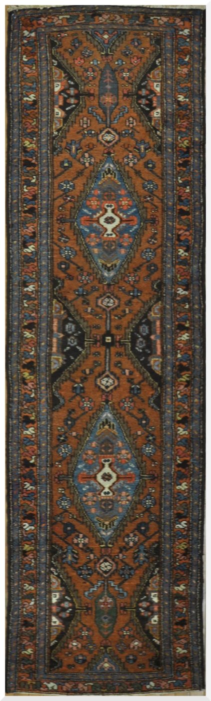 3′ x 9′ Vintage Persian Runner Rug – Traditional Hand-Knotted Wool, Geometric Medallion Design
