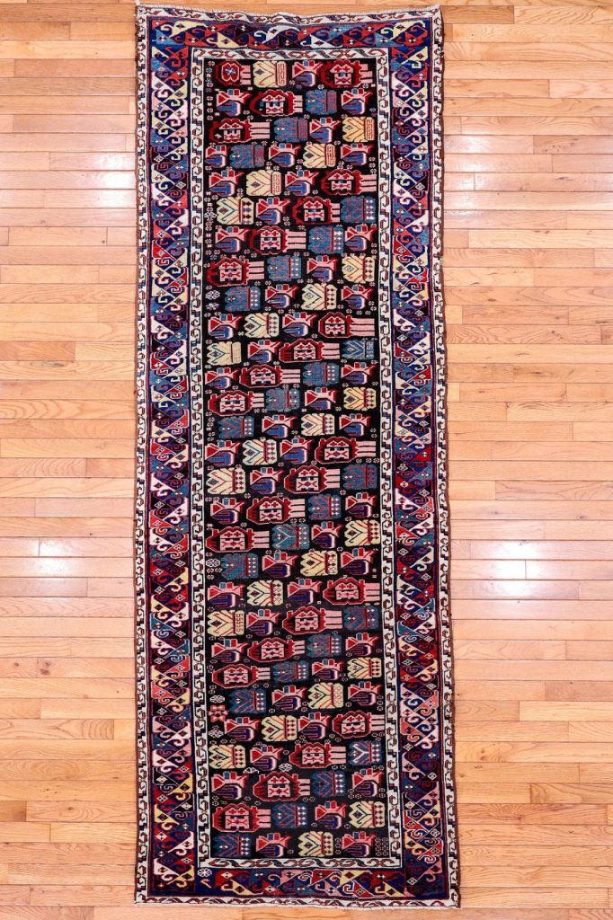 3′ x 9′ Midnight Black and Jewel-Toned Hand-Knotted Antique Caucasian Seychur Shirvan Runner – Collector’s Wool