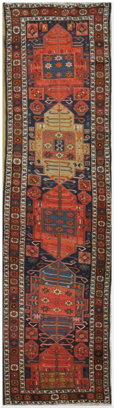 3′ x 11′ Antique Persian Karajeh Rug Red Blue Hand Knotted Wool