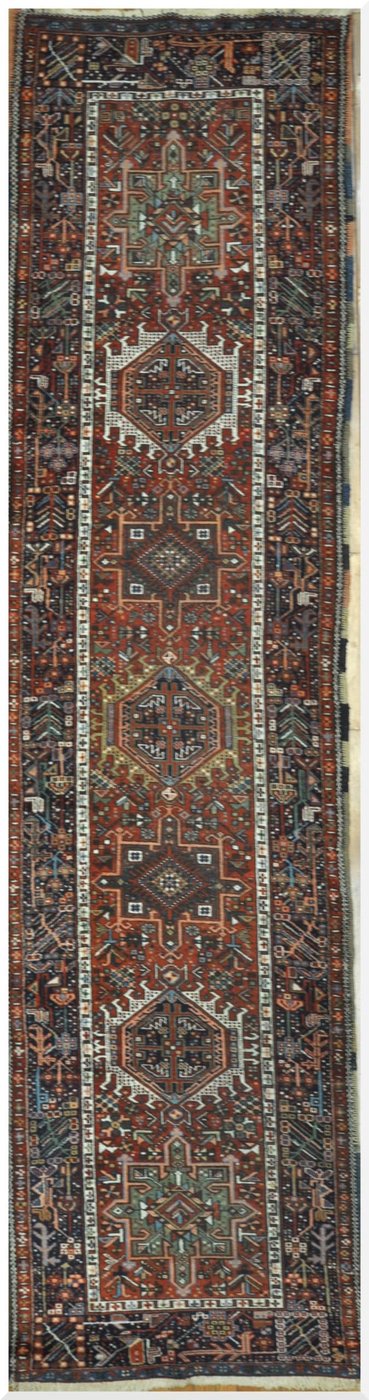 3′ x 13′ Antique Persian Heriz Runner Rug Red Blue Hand Knotted Wool