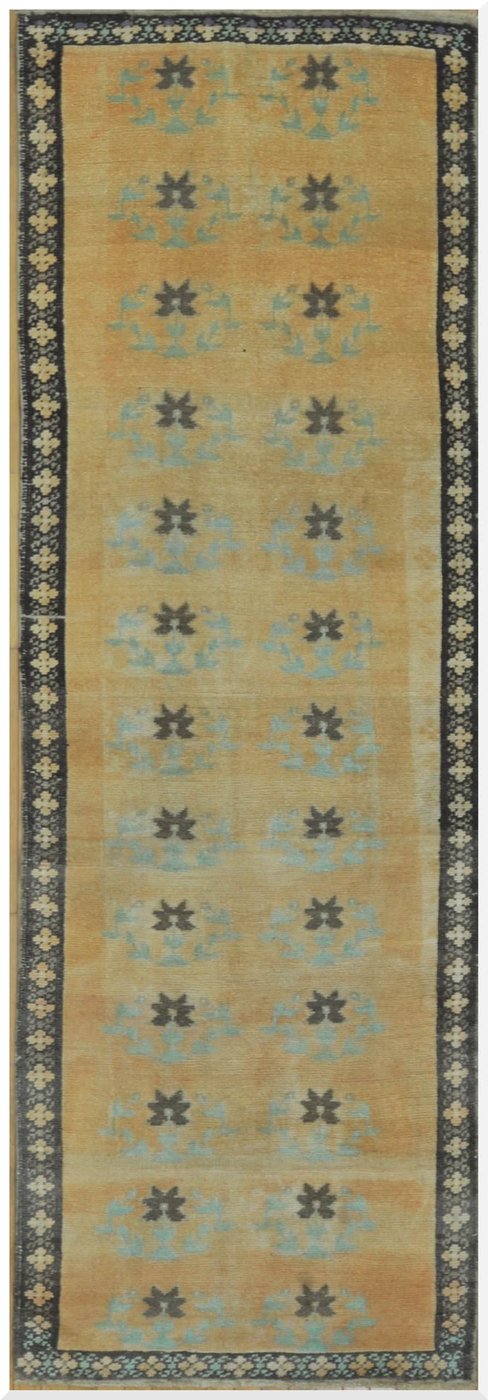 3′ x 10′ Turkish Gold Blue Transitional Runner Hand Knotted Wool