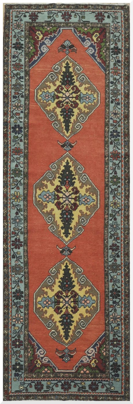 3′ x 11′ Turkish Oushak Rust Ivory Medallion Rug – Vintage Hand-Knotted Wool