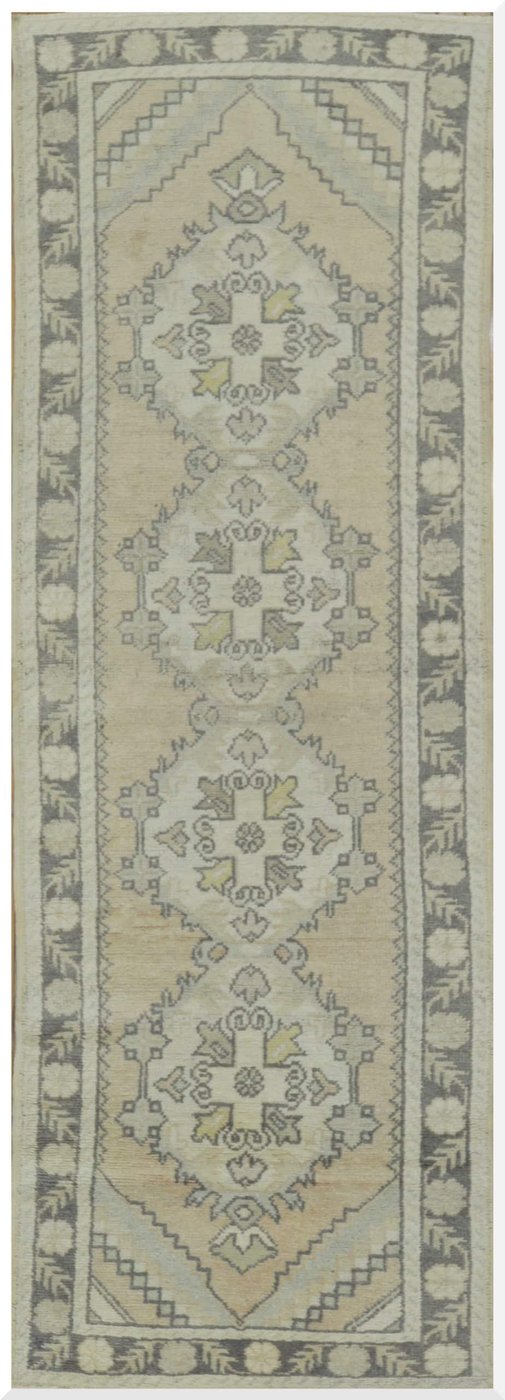 3′ x 10′ Vintage Turkish Oushak Ivory Gray Medallion Runner Rug – Transitional Wool