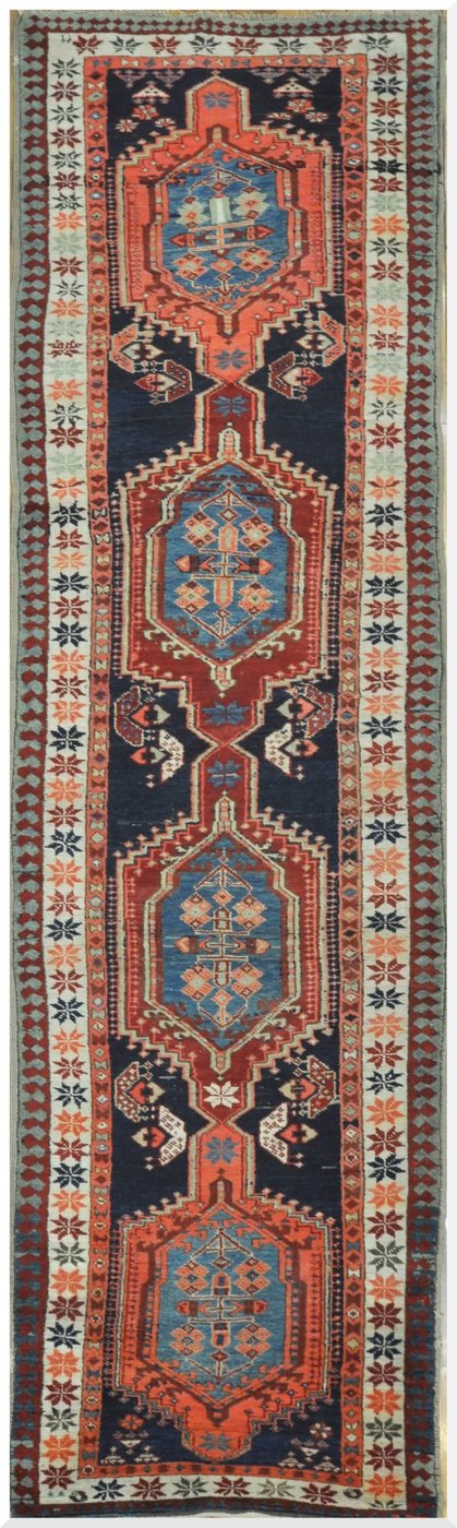 3′ x 11′ Antique Tribal Persian Sarab Runner Rug – Hand-Knotted Wool, Geometric Medallions