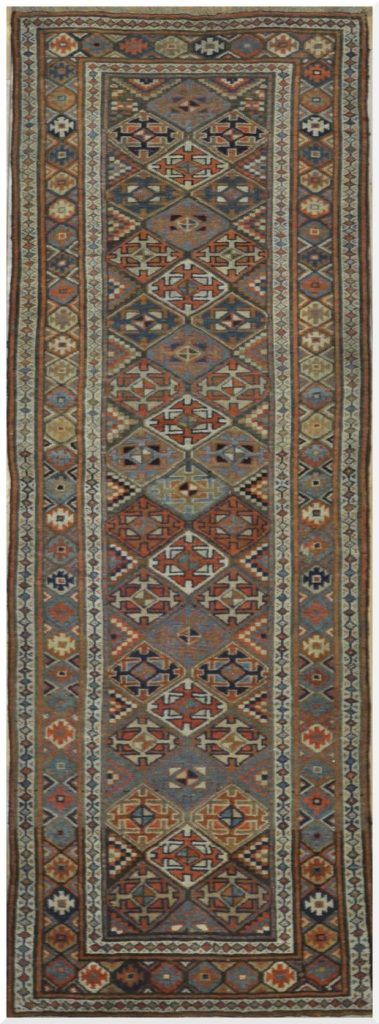 3′ x 12′ Caucasian Kazak Blue Geometric Runner Rug – Traditional Hand Knotted Wool