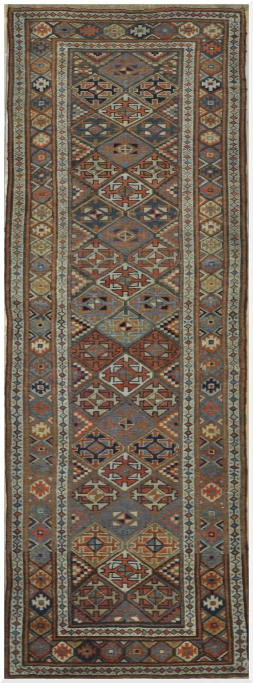 3′ x 12′ Caucasian Kazak Blue Geometric Runner Rug – Traditional Hand Knotted Wool