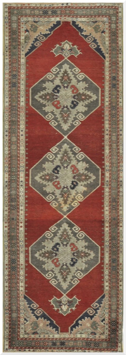 4′ x 11′ Vintage Turkish Oushak Red Vintage Runner Rug – Traditional Hand-Knotted Wool