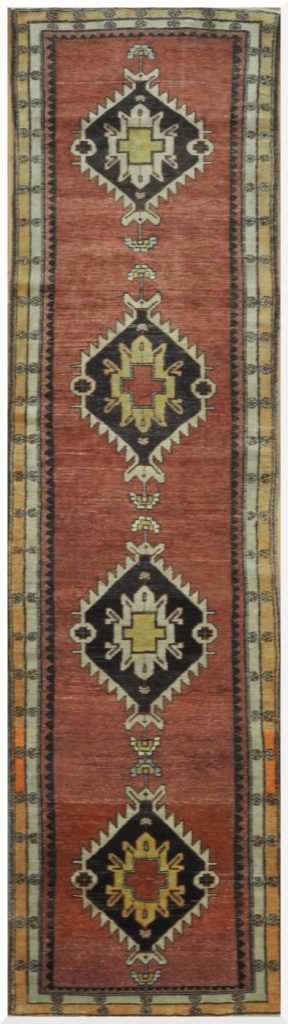4′ x 14′ Turkish Rust Black Medallion Runner – Vintage Hand-Knotted Wool