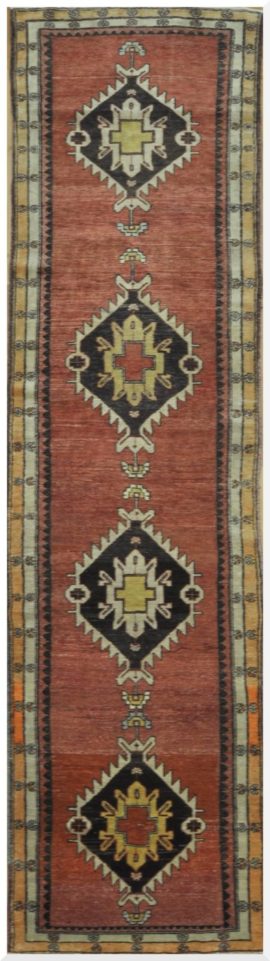 4′ x 14′ Turkish Rust Black Medallion Runner – Vintage Hand-Knotted Wool